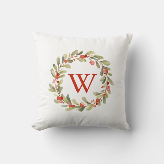 Elegant Monogram Christmas Wreath Throw Pillow (Front)