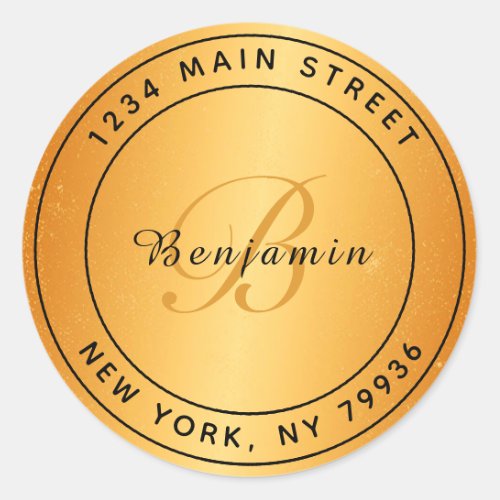 Elegant Monogram Circular Return Address Gold Classic Round Sticker