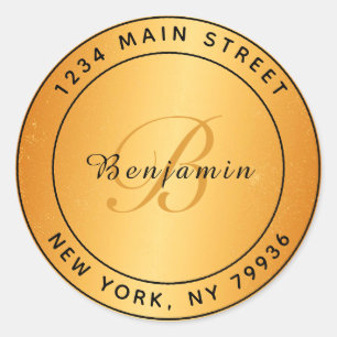 Elegant Monogram Circular Return Address Gold Classic Round Sticker