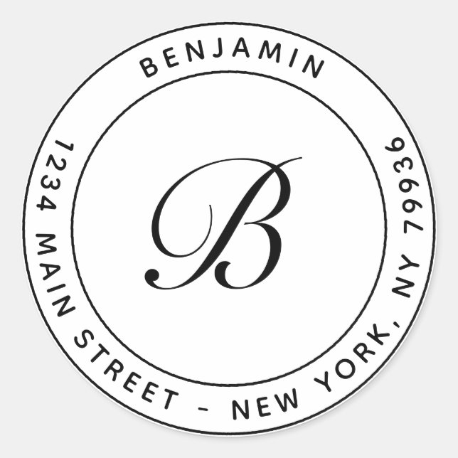 Elegant Monogram Circular Return Address White Classic Round Sticker (Front)