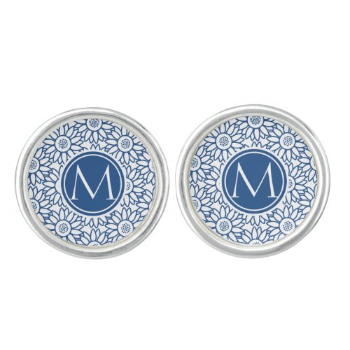 Elegant Monogram Classic Blue Sunflower Cufflinks