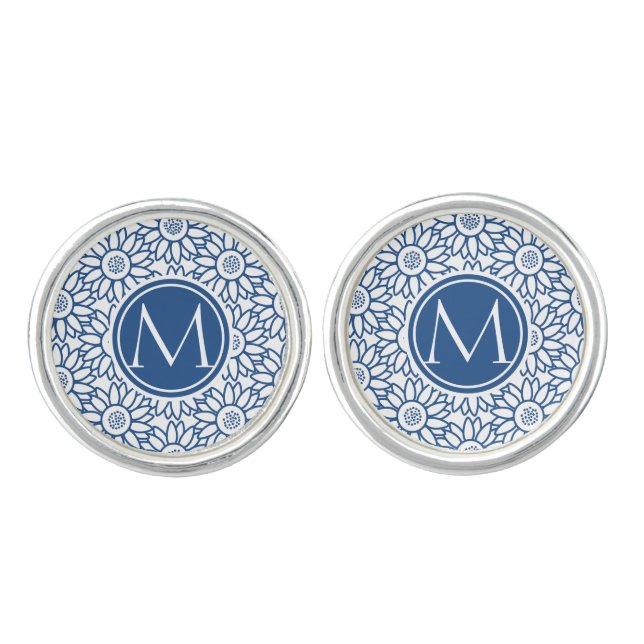 Elegant Monogram Classic Blue Sunflower Cufflinks (Front)