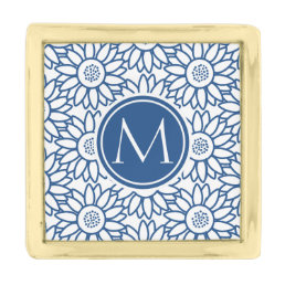 Elegant Monogram Classic Blue Sunflower Gold Finish Lapel Pin