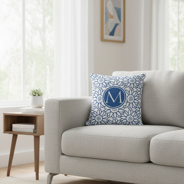 Elegant Monogram Classic Blue Sunflower Throw Pillow (Creator Uploaded)