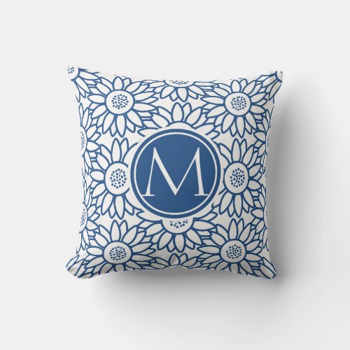 Elegant Monogram Classic Blue Sunflower Throw Pillow