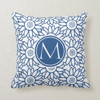 Elegant Monogram Classic Blue Sunflower Throw Pillow by RicardoArtes at Zazzle