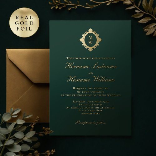 Elegant Monogram Classic Luxe Emerald Green Gold Foil Invitation