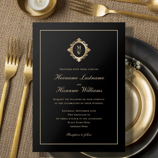 Elegant Monogram Classy Classic Black Gold Wedding Invitation (Creator Uploaded)