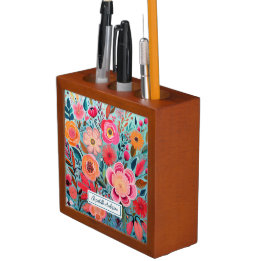 Elegant Monogram Colorful Floral Desk Organizer