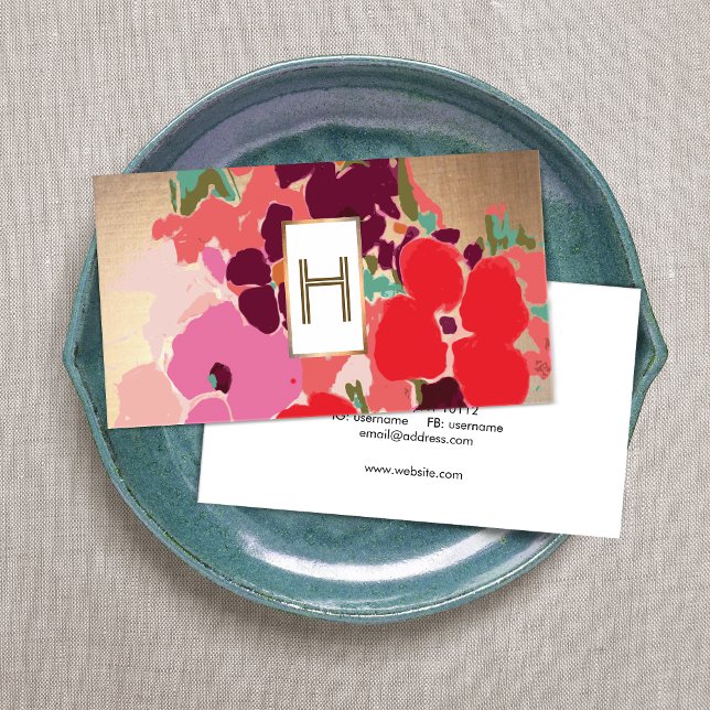 Elegant Monogram, Colorful Floral, Gold Business Card (Creator Uploaded)