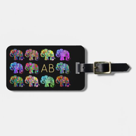 Elegant Monogram Colorful Ornamental Elephants Luggage Tag