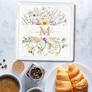 Elegant Monogram Colorful Wildflower Garden Floral Acrylic Tray