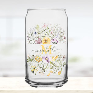Elegant Monogram Colorful Wildflower Garden Floral Can Glass