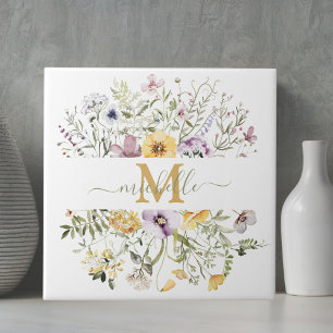 Elegant Monogram Colorful Wildflower Garden Floral Ceramic Tile