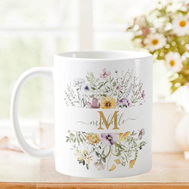 Elegant Monogram Colorful Wildflower Garden Floral Coffee Mug (In situ)