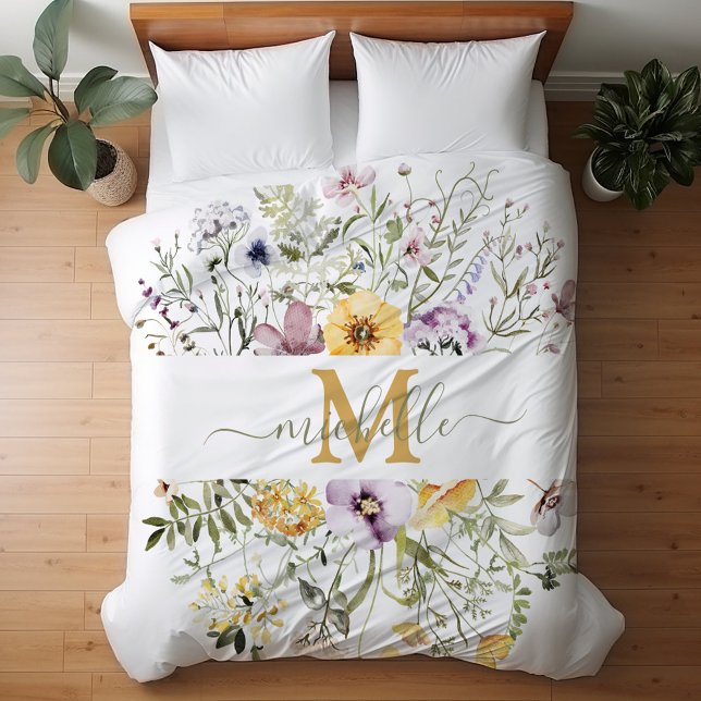 Elegant Monogram Colorful Wildflower Garden Floral Duvet Cover (In situ)