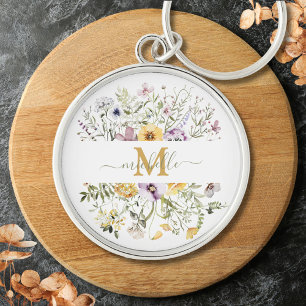 Elegant Monogram Colorful Wildflower Garden Floral Keychain