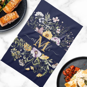 Elegant Monogram Colorful Wildflower Garden Floral Kitchen Towel