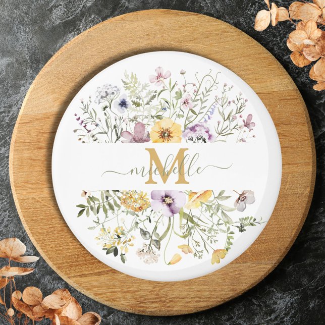 Elegant Monogram Colorful Wildflower Garden Floral Magnet (Close up)