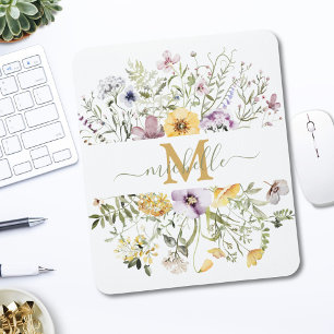 Elegant Monogram Colorful Wildflower Garden Floral Mouse Pad