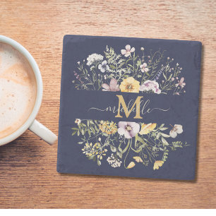 Elegant Monogram Colorful Wildflower Garden Floral Stone Coaster