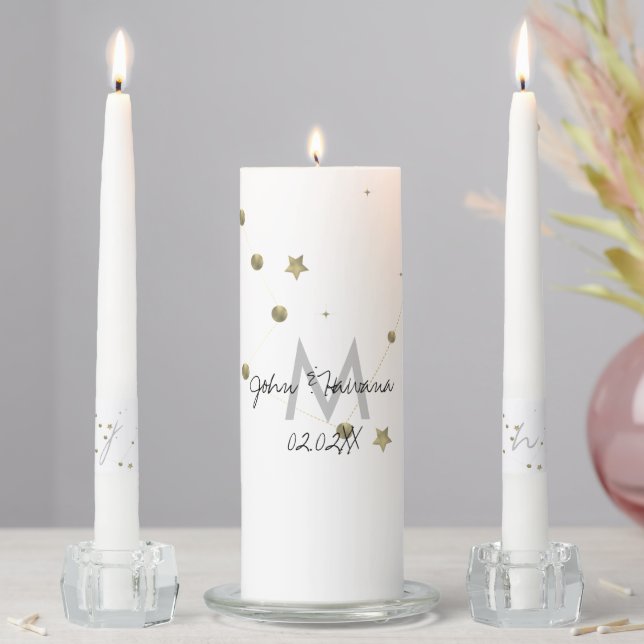 Elegant Monogram Constellation Moon Faux Gold Unity Candle Set (In Situ)