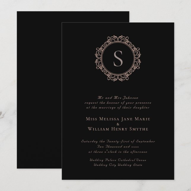 Elegant Monogram Copper Blush Black Wedding Invitation (Front/Back)