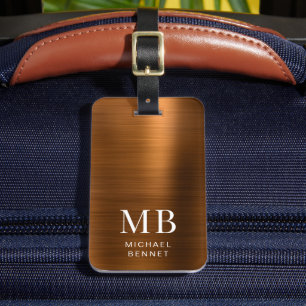 Elegant Monogram Copper Brown Brushed Metallic  Luggage Tag
