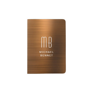 Elegant Monogram Copper Brown Brushed Metallic Passport Holder