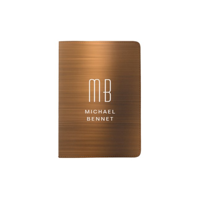 Elegant Monogram Copper Brown Brushed Metallic Passport Holder (Front)