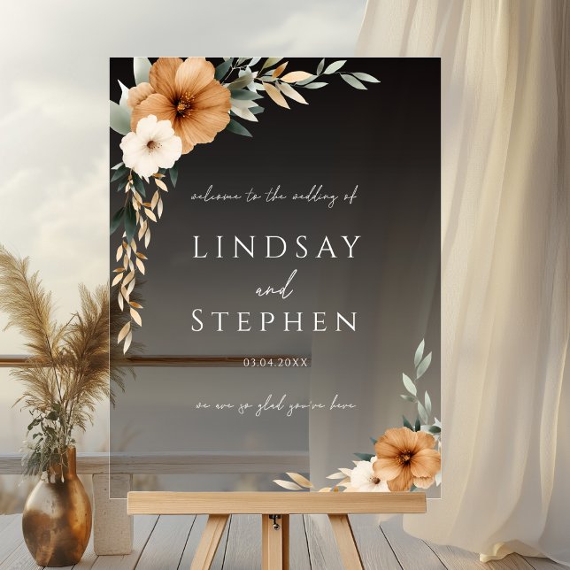 Elegant Monogram Copper Earthy Black Wedding Acrylic Sign (Custom Elegant Monogram Copper Earthy Botanical Wedding Acrylic Sign with your Names & Date)