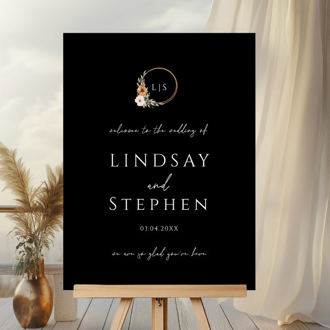 Elegant Monogram Copper Earthy Black Wedding Foam Board (Custom Elegant Monogram Copper Earthy Botanical Black Wedding Foam Board with your Names & Date)