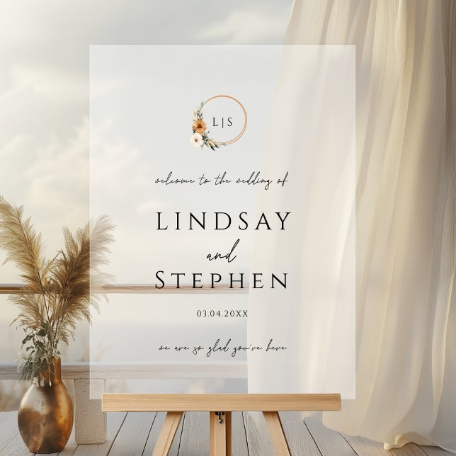 Elegant Monogram Copper Earthy Botanical Wedding Acrylic Sign (Custom Elegant Monogram Copper Earthy Botanical Wedding Acrylic Sign with your Names & Date)