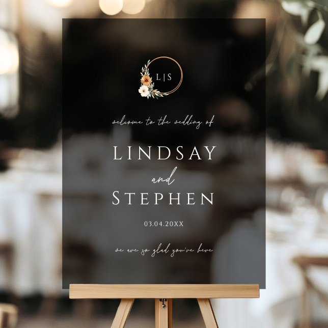 Elegant Monogram Copper Earthy Botanical Wedding Acrylic Sign (Custom Elegant Monogram Copper Earthy Botanical Wedding Acrylic Sign with your Names & Date)