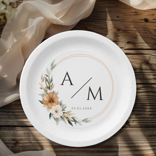 Elegant Monogram Copper Earthy Botanical Wedding  Paper Plates (Elegant Monogram Copper Earthy Botanical Wedding Paper Plates)