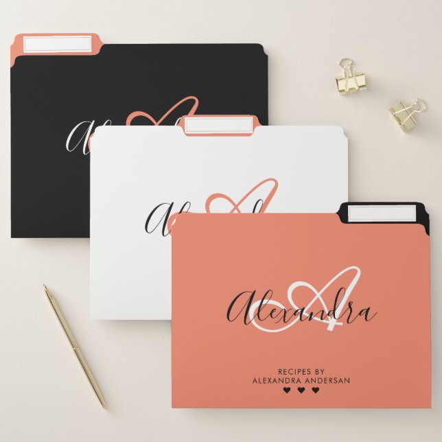 Elegant Monogram Coral Black White Script Name File Folder (Set)