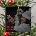 Elegant Monogram Couple Photo Christmas Ceramic Or Ceramic Ornament<br><div class="desc">Couple christmas ornament featuring your photo with a dark black overlay,  your initials in the top right corner,  names,  and a modern relationship love quote.</div>