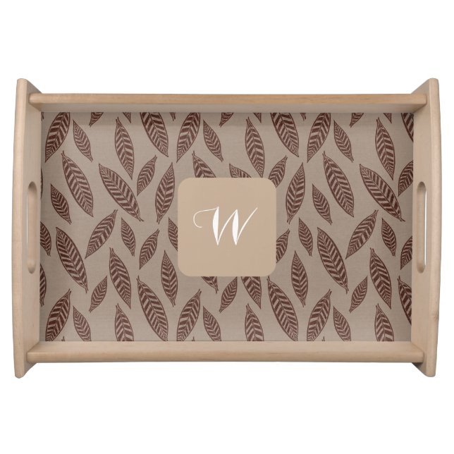 Elegant Monogram Cream and Tan Block Print Leaves  Serving Tray (Front)