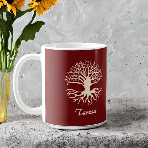 Elegant Monogram Cream Tree of Life on Burgundy  Coffee Mug