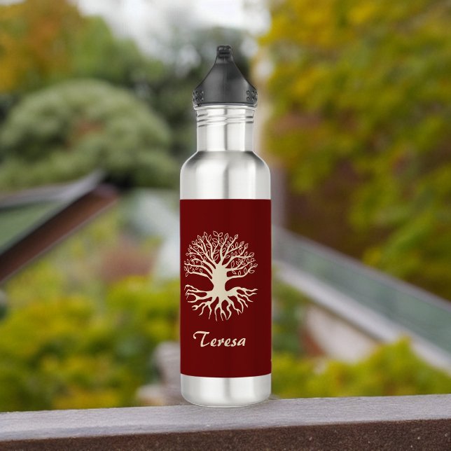 Elegant Monogram Cream Tree of Life on Burgundy Stainless Steel Water Bottle (Creator Uploaded)