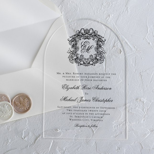 Elegant Monogram Crest Arch Wedding Acrylic Invitations (Creator Uploaded)
