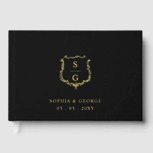 Elegant Monogram Crest Black and Gold Wedding Foil Guest Book