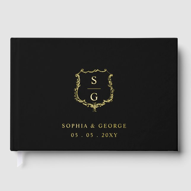 Elegant Monogram Crest Black and Gold Wedding Foil Guest Book (Front)