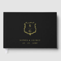 Elegant Monogram Crest Black and Gold Wedding Guest Book