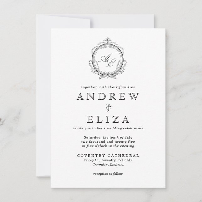 Elegant Monogram Crest Black and White Wedding  Invitation (Front)