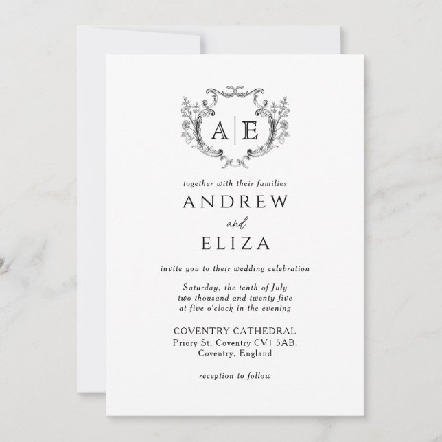 Elegant Monogram Crest Black and White Wedding  Invitation (Front)