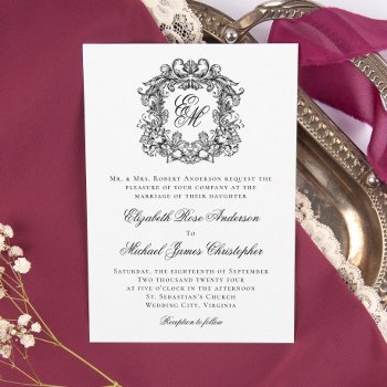 Elegant Monogram Crest Black And White Wedding Invitation by CreativeHorizon at Zazzle
