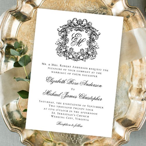 Elegant Monogram Crest Black and White Wedding Invitation