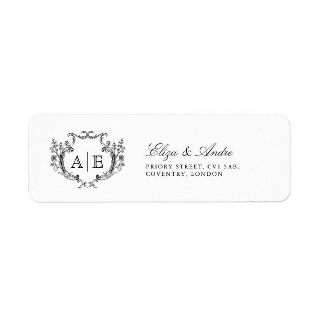 Elegant Monogram Crest Black and White Wedding  Label (Front)