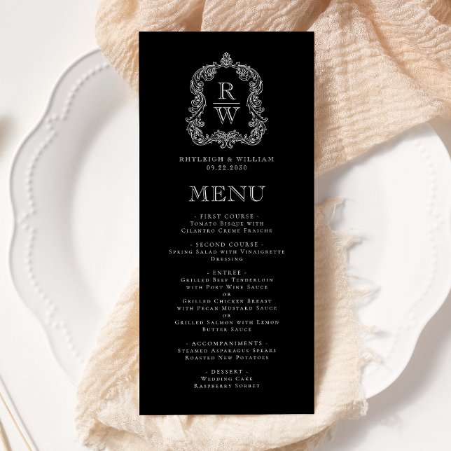 Elegant Monogram Crest Black and White Wedding Menu (Creator Uploaded)